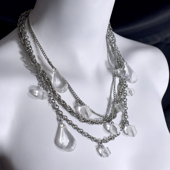 Vintage stacked silver necklace with clear faceted dangle beads faux crystals - Picture 4 of 5